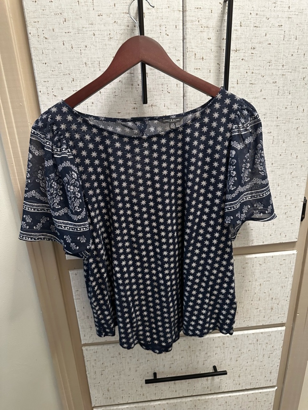 Lucky Brand Navy Floral Bandana Print Short Sleeve Blouse